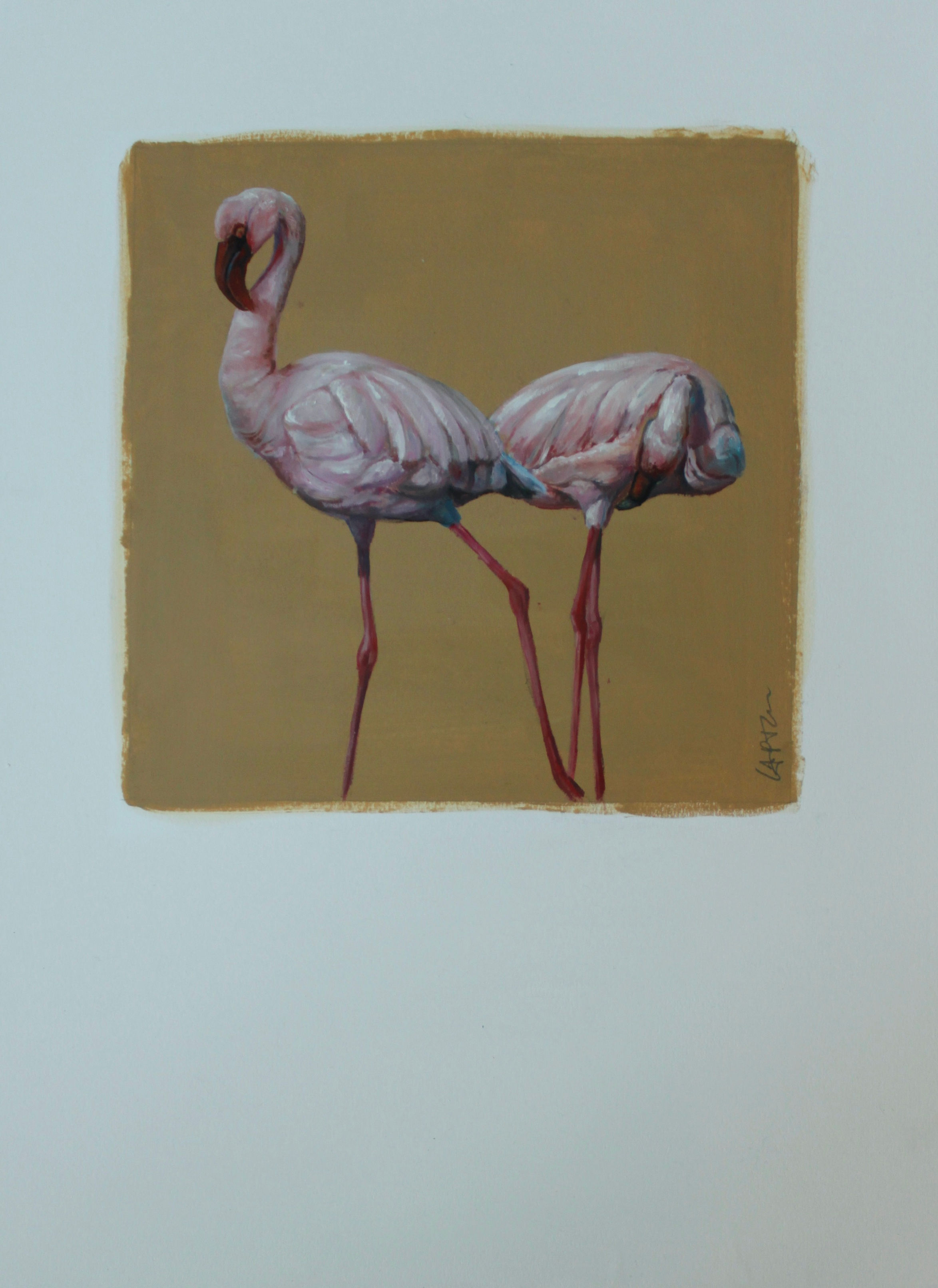 25029-DEUX FLAMANTS ROSES-huile sur contrecollé-30x40cm-vignette 20x20 cm