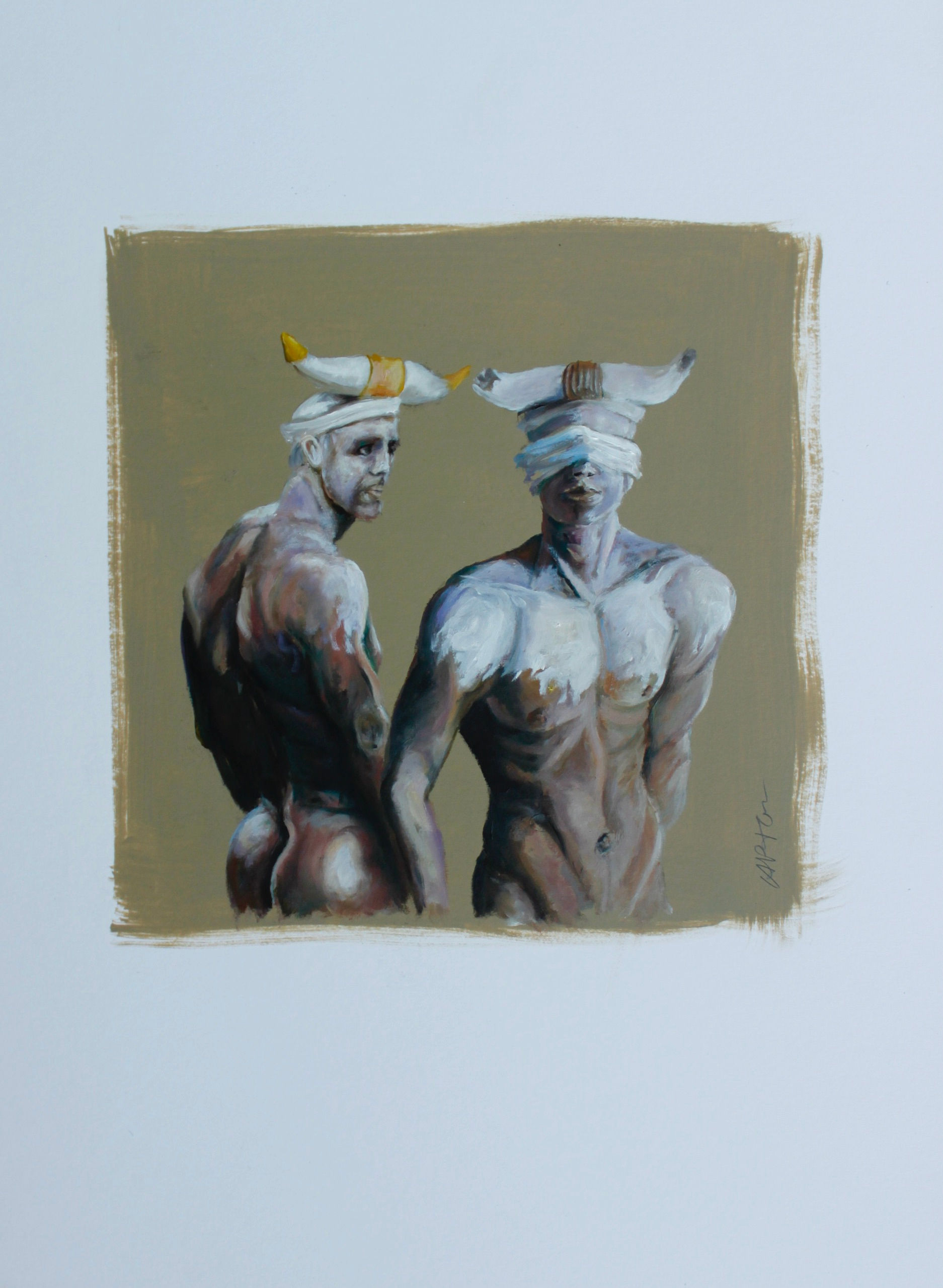 22013-HOMMES TAUREAUX (étude)-huile sur contrecollé-vignette 20x20cm