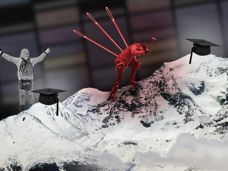 A snowy mountain range with two climbers standing on different peaks. The climber on the left is in grayscale and has their arms raised in celebration. The climber on the right is bright red and bent forward while climbing, with three large red spikes sticking out of their back. Two graduation caps are placed on separate mountain peaks. The background is blurry and looks like shelves or a dark room.