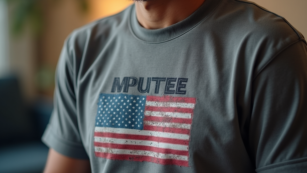 Close-up view of a proud amputee shirt with empowering text
