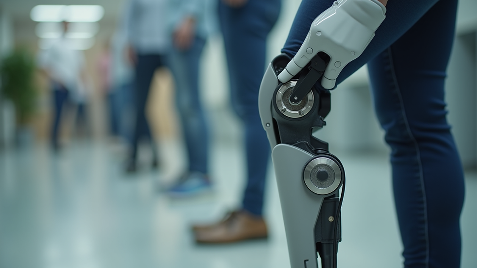 Close-up view of a modern prosthetic leg with adjustable joints