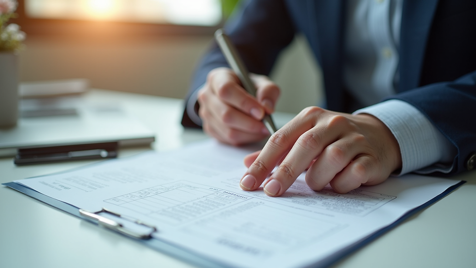 Close-up view of a small business owner reviewing health insurance documents at a desk