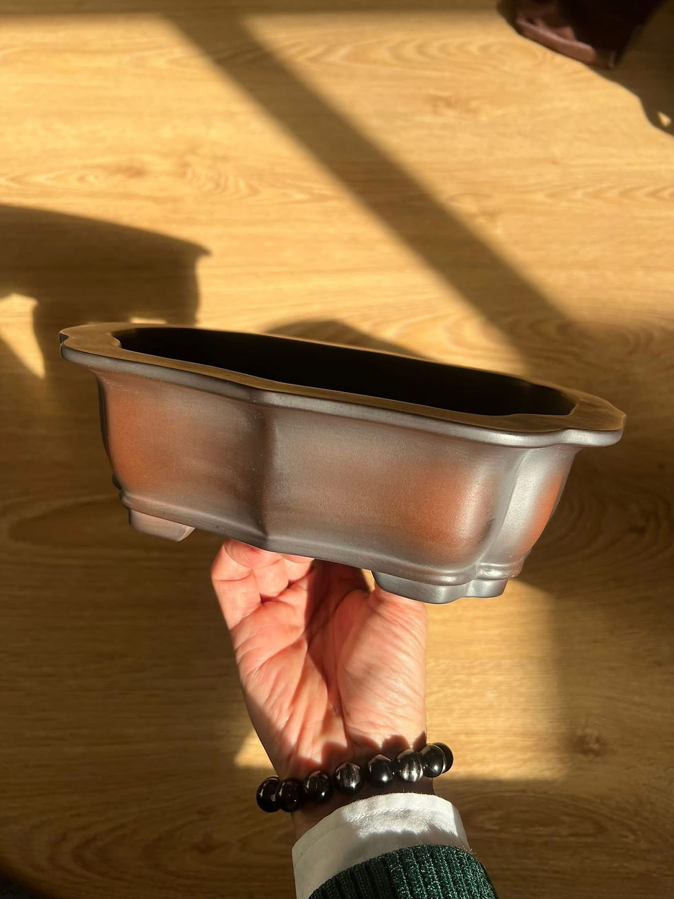 Thumbnail: Polished Dark Brown bonsai pot with softly curved sides
