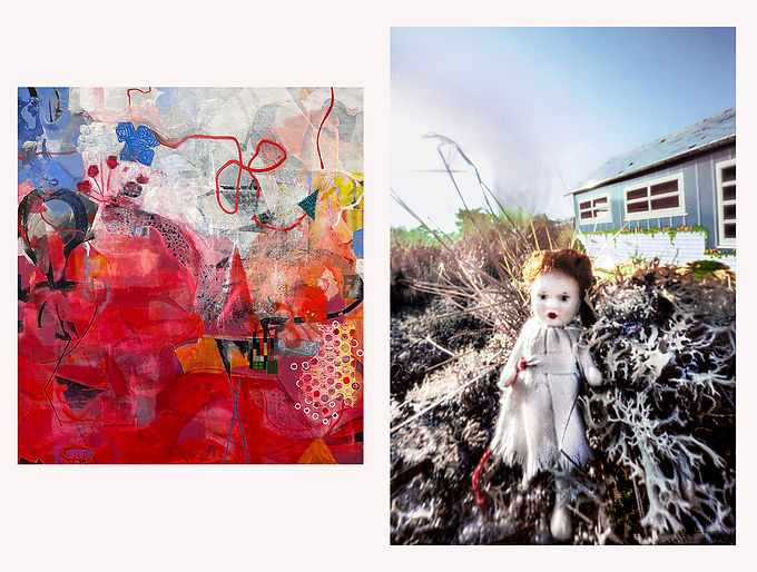 Artists Alyce Gottesman and Donna Bassin will have works on view during the Jersey City Artist Studio Tour on Oct. 3 & 4 from 12-5pm. Gottesman creates colorful mixed media abstract paintings, works on paper, and fabric collages. Her paintings explore landscape-inspired atmospheric environments that reflect memory of place and personal experience.
Donna Bassin creates an imaginative world of dolls, blushed landscapes, and hand-altered photographs. Her richly layered work transforms memory, nature, and loss into unexpected stories of resilience and repair.