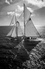 Black and white aerial photograph of classic yacht