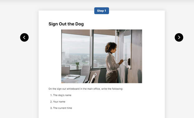 Example of a page within the pre-walk preparation section of the volunteer dog walker orientation training.
