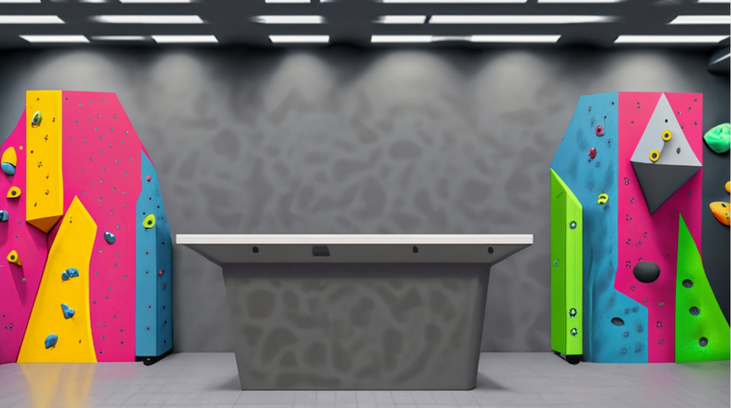 An example slide of the project showing the rental desk area of the bouldering gym.