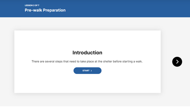 Pre-walk preparation page for the volunteer dog walker orientation training.