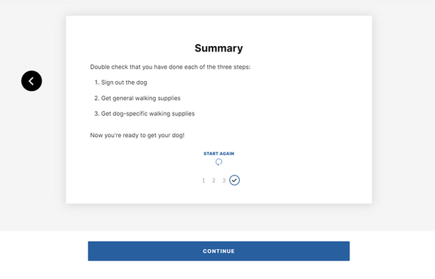 Example of a summary page within the pre-walk preparation section of the volunteer dog walker orientation training.