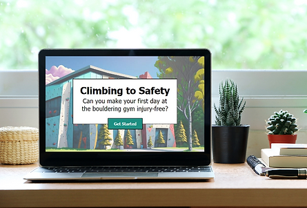 A laptop, books, and plants are on a desk. The laptop screen has a picture of the first slide of the project "Climbing to Safety."