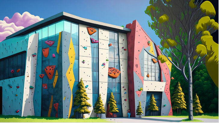 An example slide of the project showing the exterior of the bouldering gym.