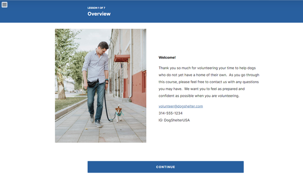 Overview page for the volunteer dog walker orientation training.