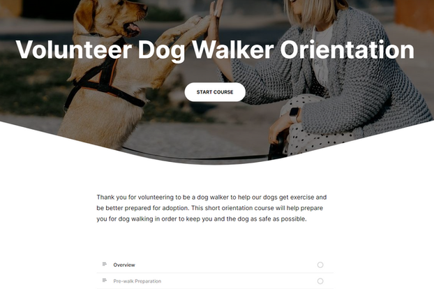 Main course page for the volunteer dog walker orientation training.