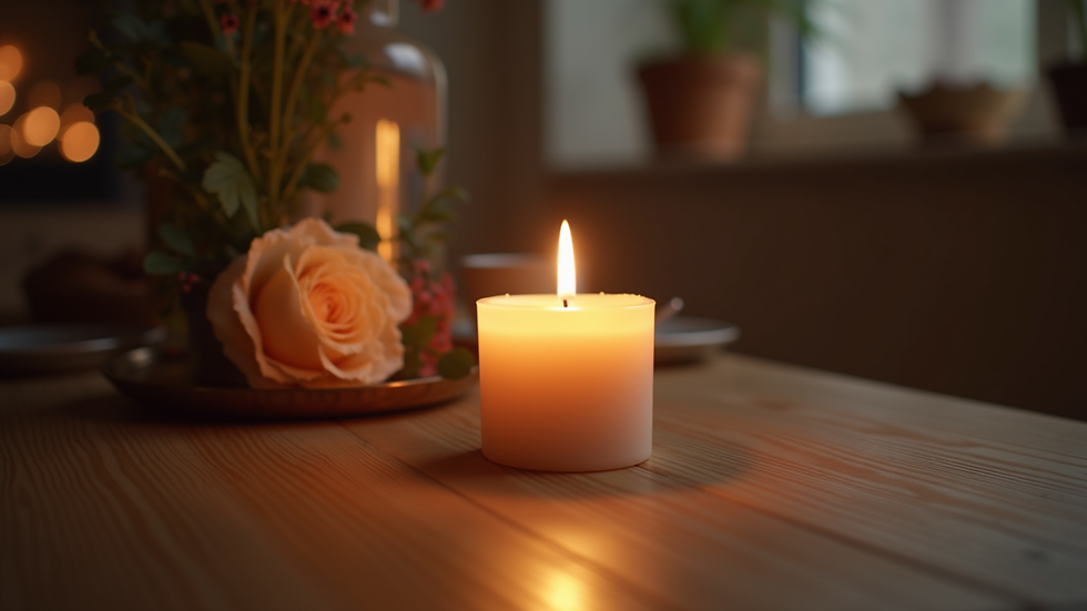 Close-up view of a softly glowing candle on a wooden table