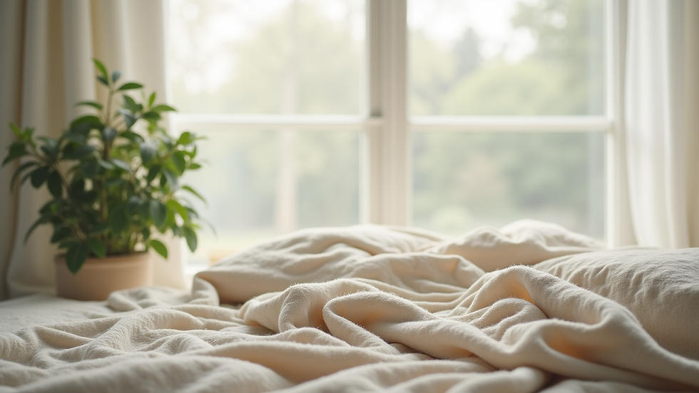 Close-up view of a peaceful room with soft blankets and a small indoor plant