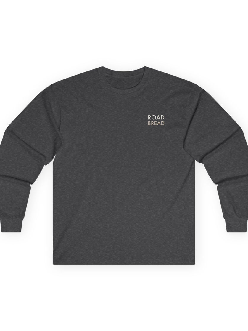 Charcoal grey long-sleeve tee, front view, small Road Bread logo.
