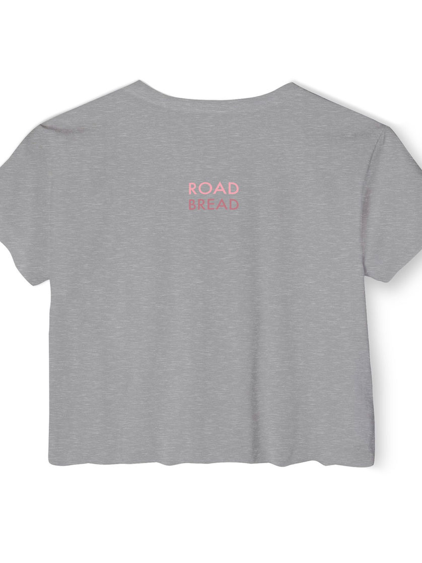 Back of cropped tee with Road Bread logo printed near collar