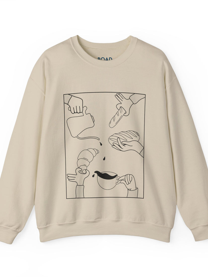 Front of crewneck sweatshirt with Bread Party illustration – bread-themed unisex sweatshirt