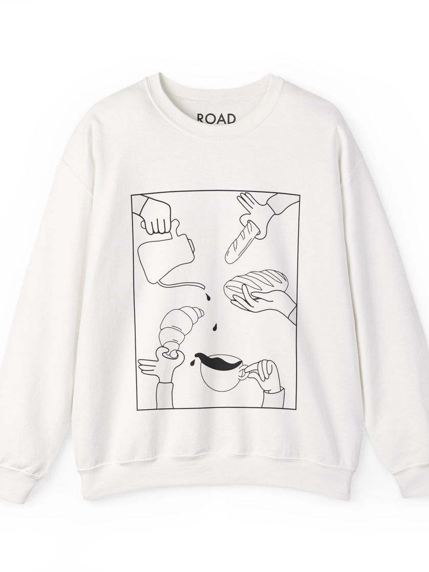 White crewneck with bread and coffee line drawing