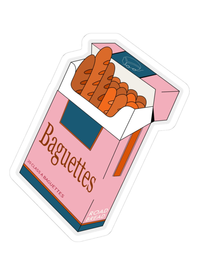 Pink box of baguettes, with text that reads Baguettes Road Bread.