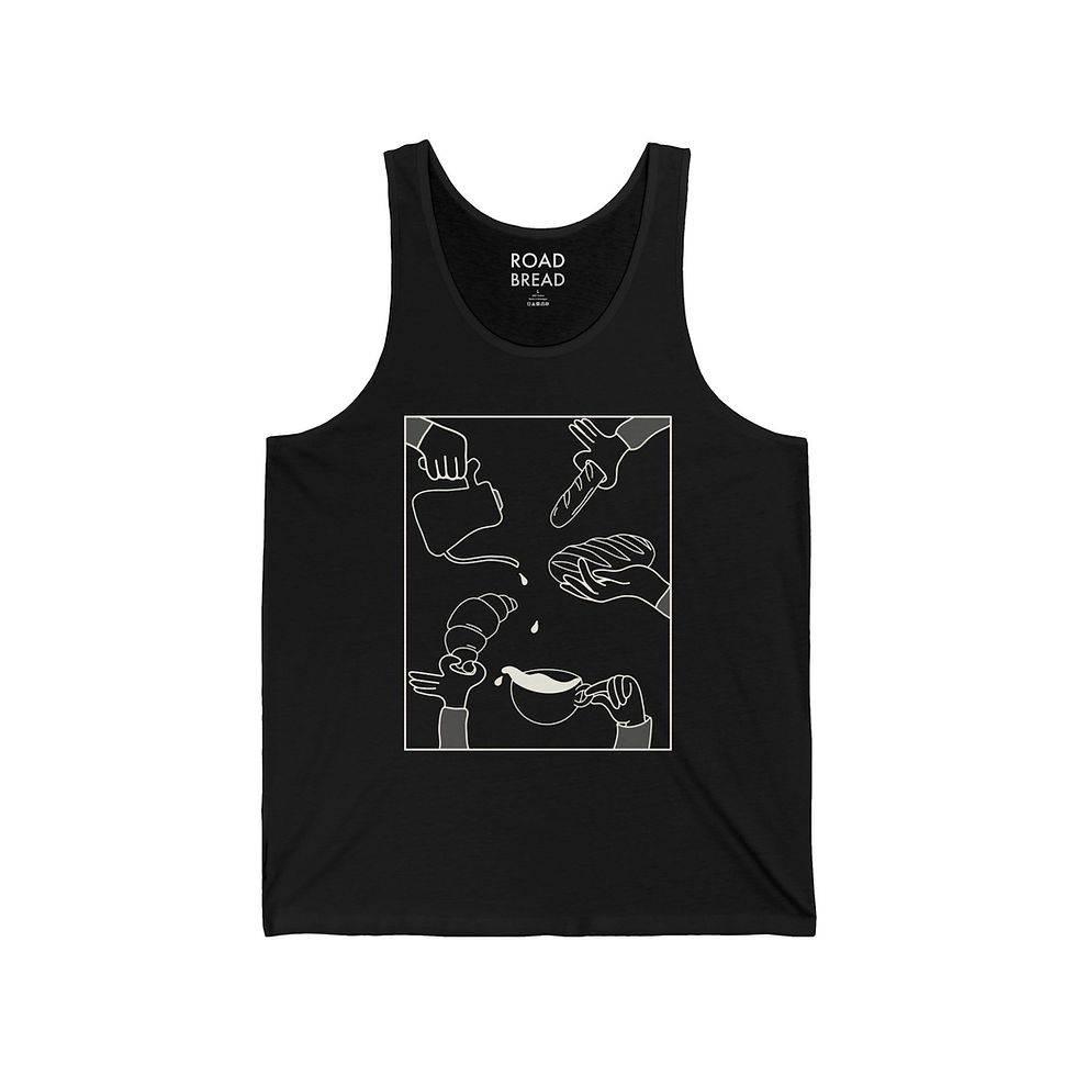 Black tank top with white line art of hands holding bread and drinks.  Inside tag features Road Bread logo.