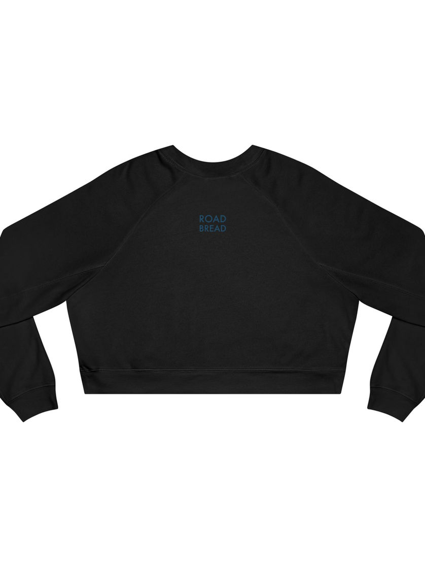 Back of black cropped crewneck sweatshirt with small Road Bread logo printed between shoulders.