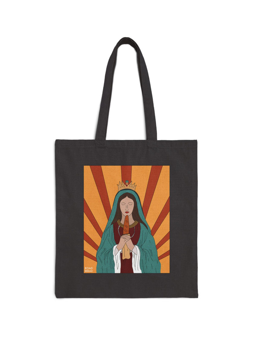 Black version of Daily Bread tote with Virgin Mary artwork