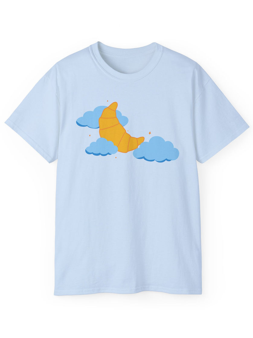 Light blue t-shirt with a cartoon baguette and clouds design.