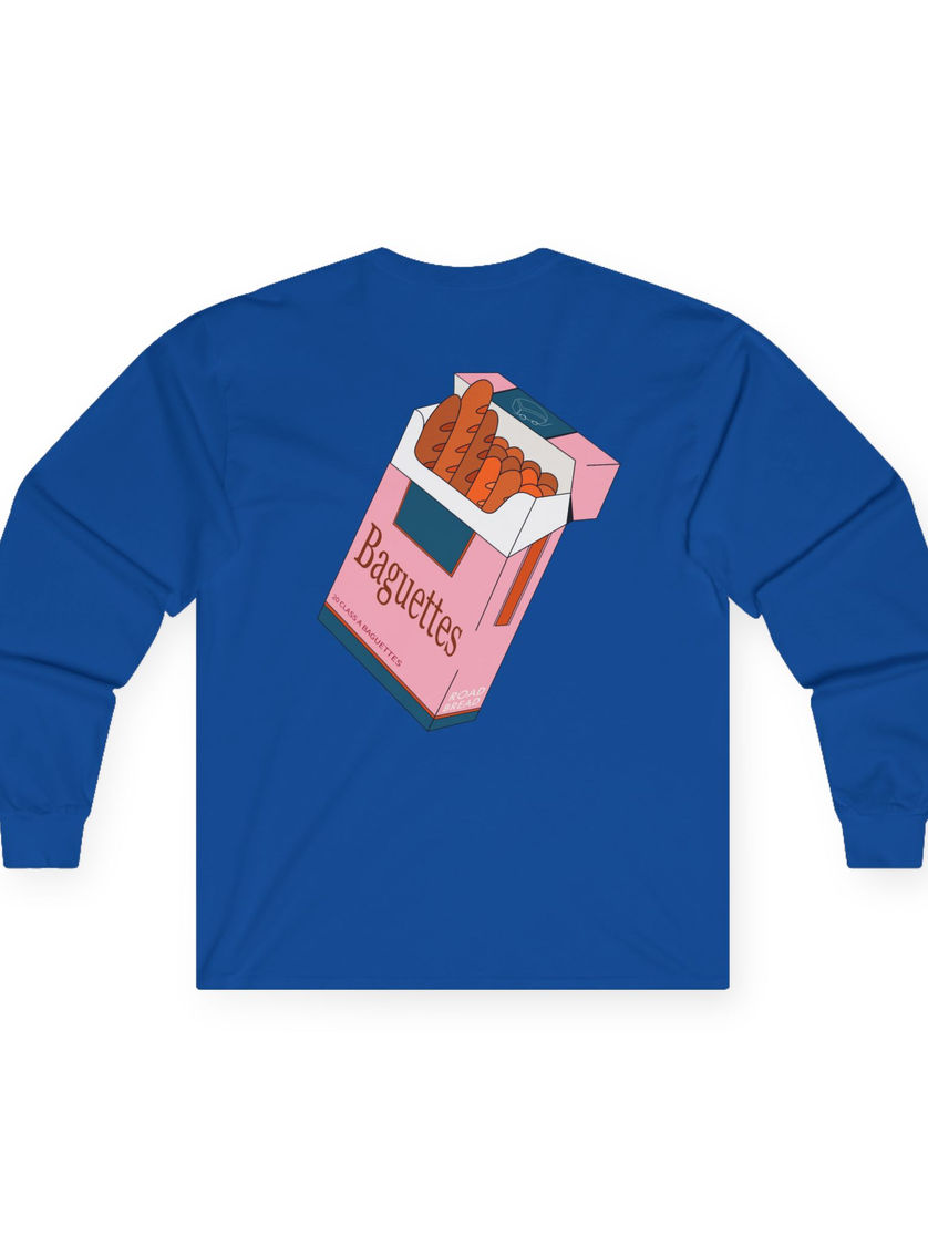 Back view of royal blue long sleeve shirt with satirical baguette pack design