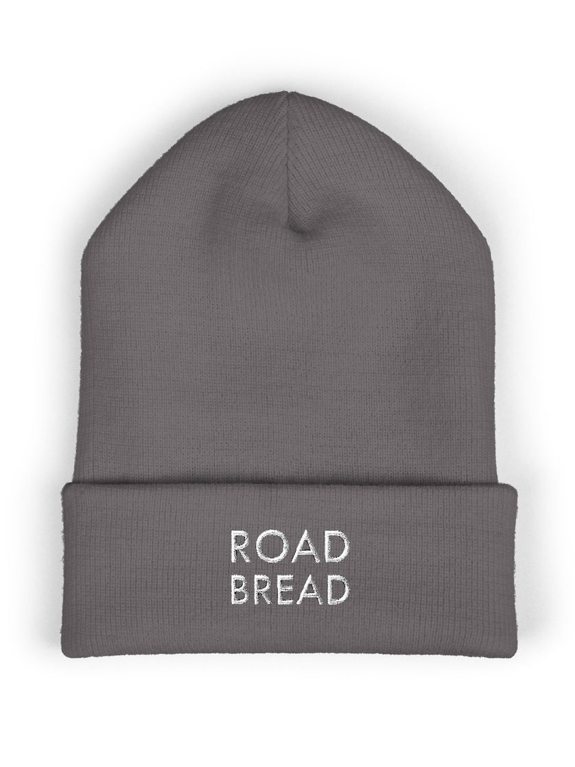 Heather-gray beanie, white “ROAD BREAD” embroidery on cuff