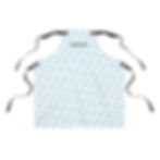 Flat lay of light-blue apron with repeating baguette pattern and “BREAD BOI” text, black neck and waist ties extended