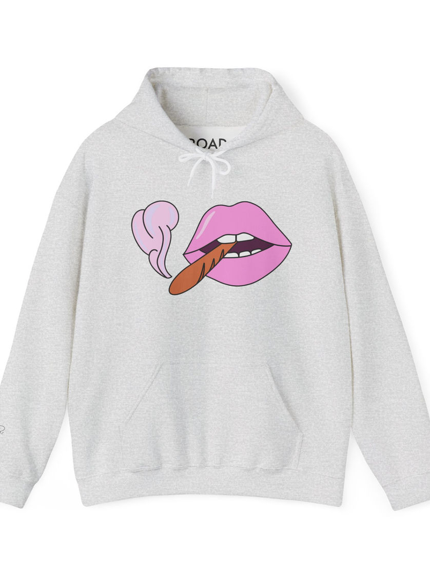 Grey hoodie with pink lips holding a smoking baguette graphic