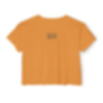 Back of orange cropped tee with blue Road Bread logo printed at neckline