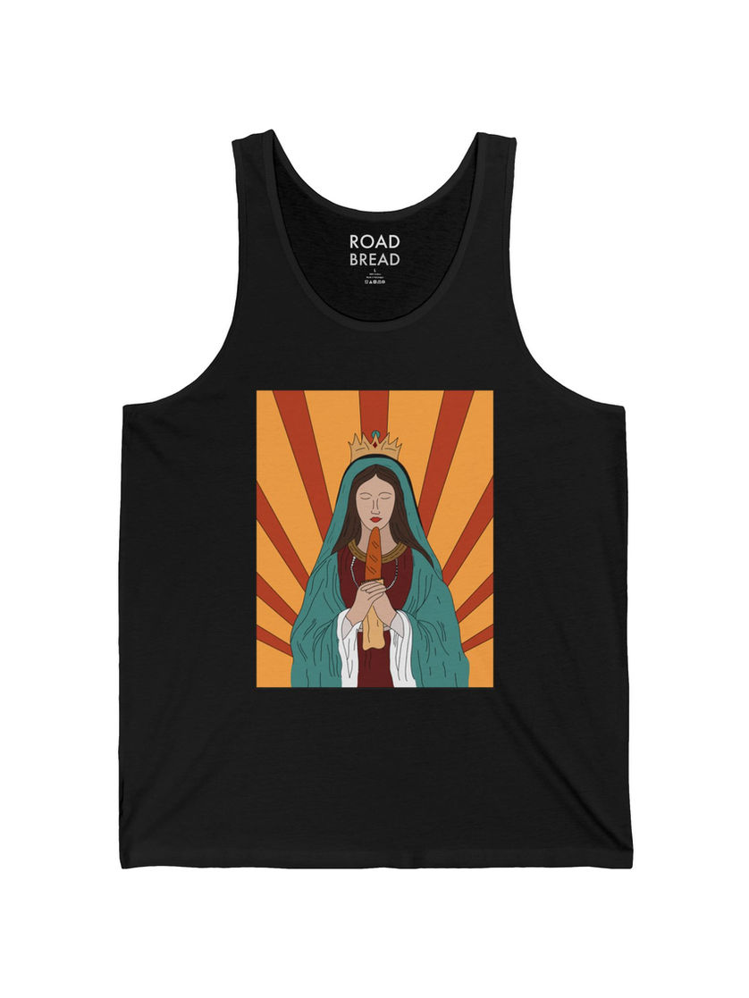 Black tank top with Virgin Mary holding bread graphic