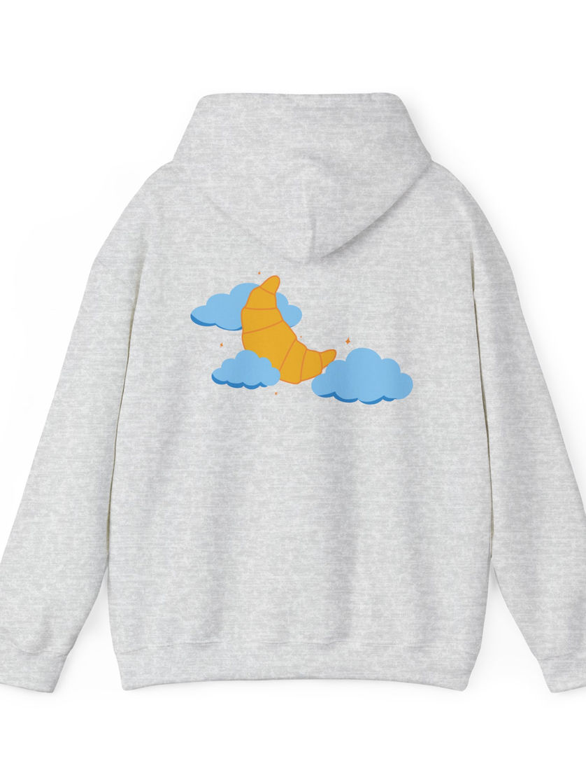 Heather gray hoodie with crescent croissant and cloud graphic on the back