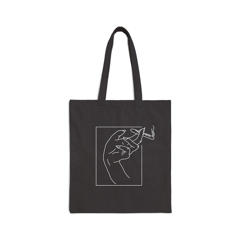 Black tote bag with hand holding baguette like a cigarette design