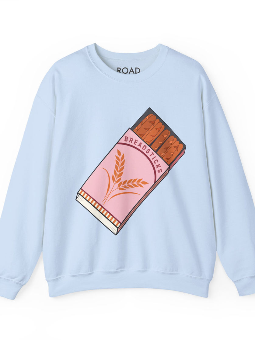 Light blue crewneck with Breadsticks graphic