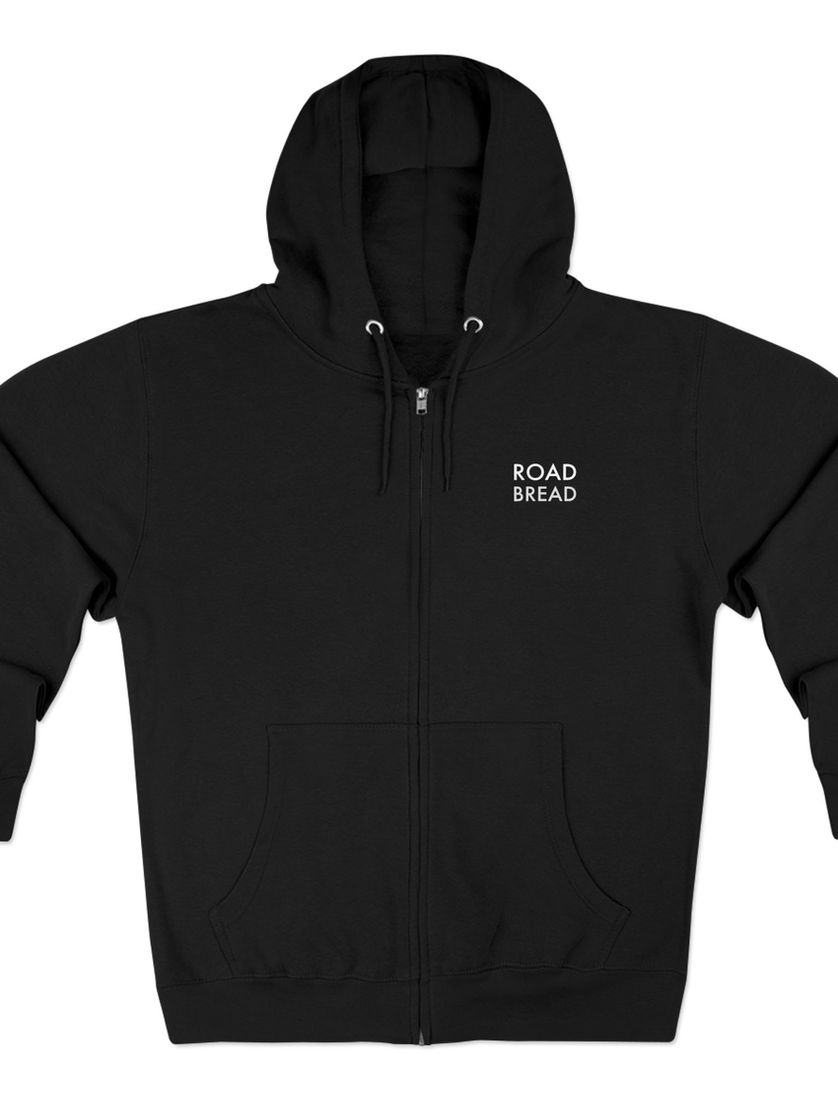 Black zip-up hoodie with 'ROAD BREAD' text