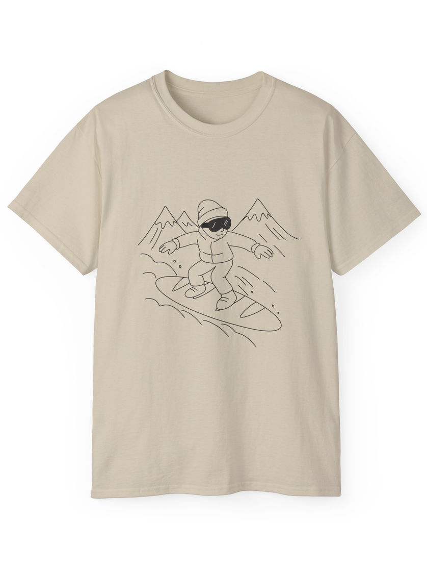 Beige T-shirt with line art of a snowboarder on mountain slopes.