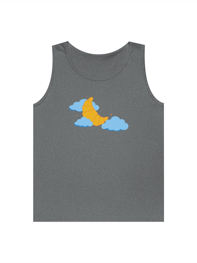 Grey Croissant Moon tank top with whimsical crescent pastry design