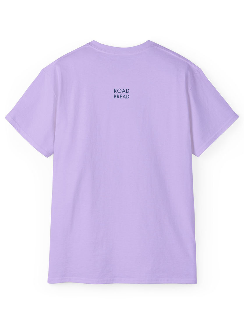 Lilac T-shirt, back view, small ROAD BREAD word-mark at the upper back