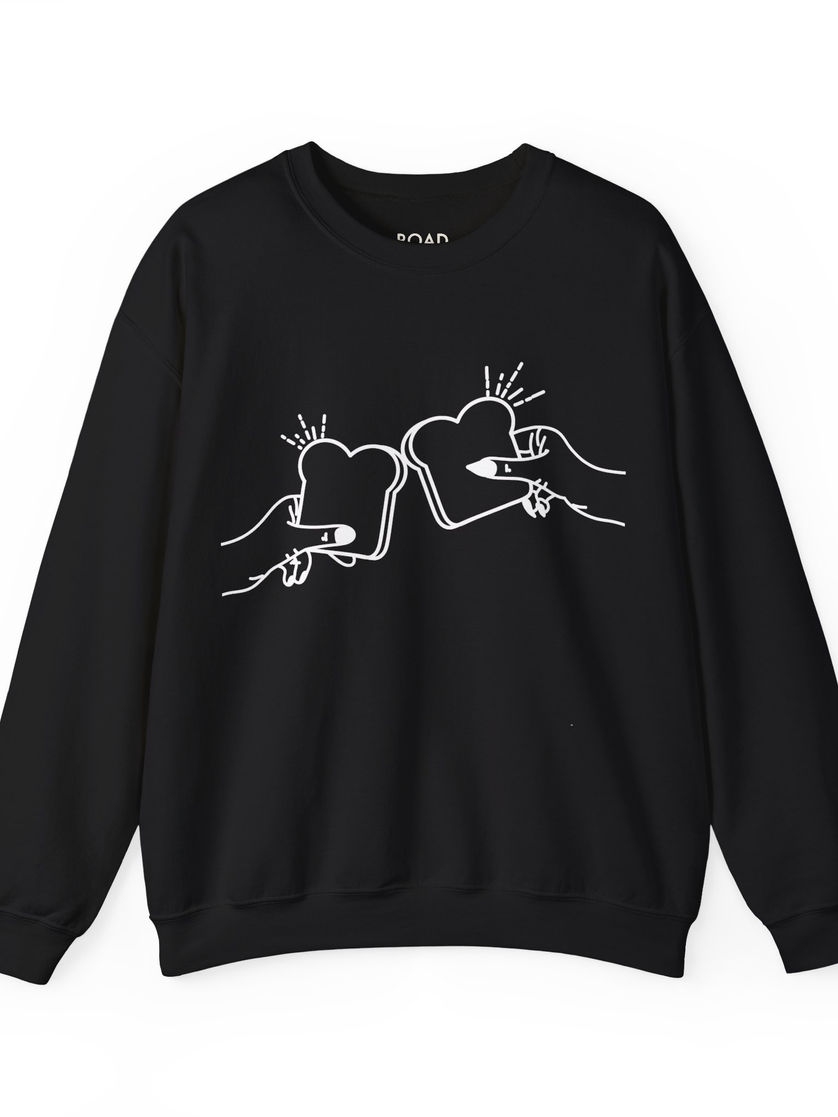 Front of funny toast sweatshirt in black with line art toast graphic