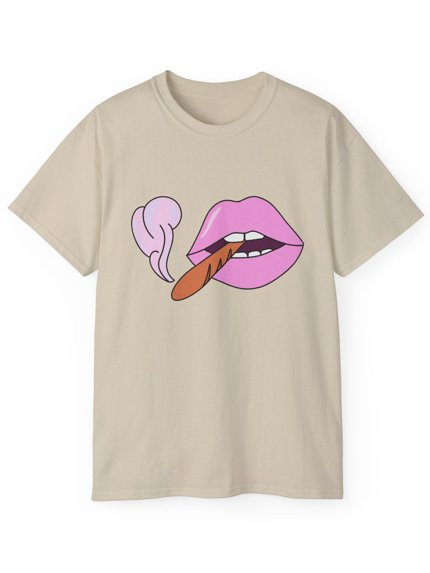 Tan t-shirt with playful pop art lips puffing on a baguette design from Road Bread’s Puffin’ Pastry collection.