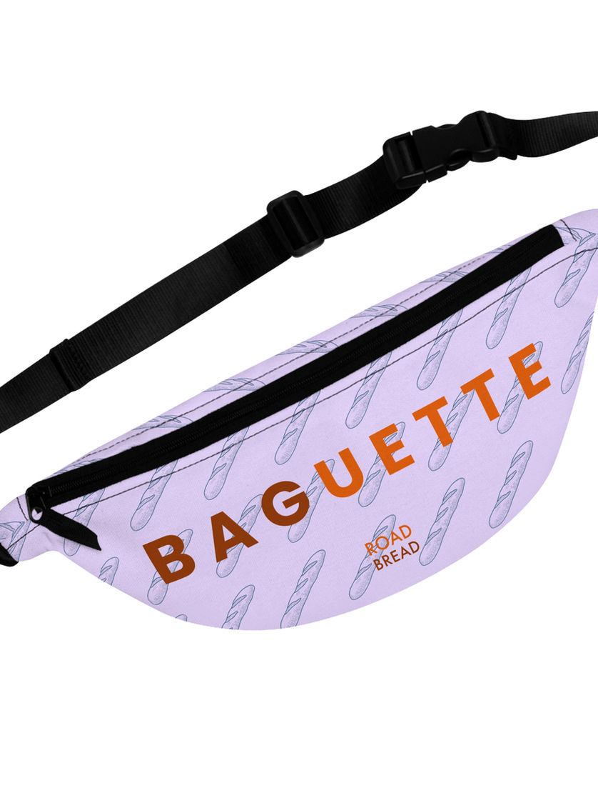 Lavender fanny pack with repeating baguette pattern and large “BAGUETTE” text