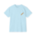 Light-blue tee, front view – minimalist pocket-position printed baguette on left chest.