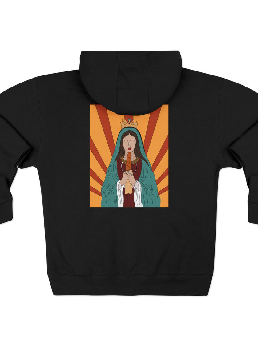 Black hoodie with praying Mother Mary holding a baguette design on back