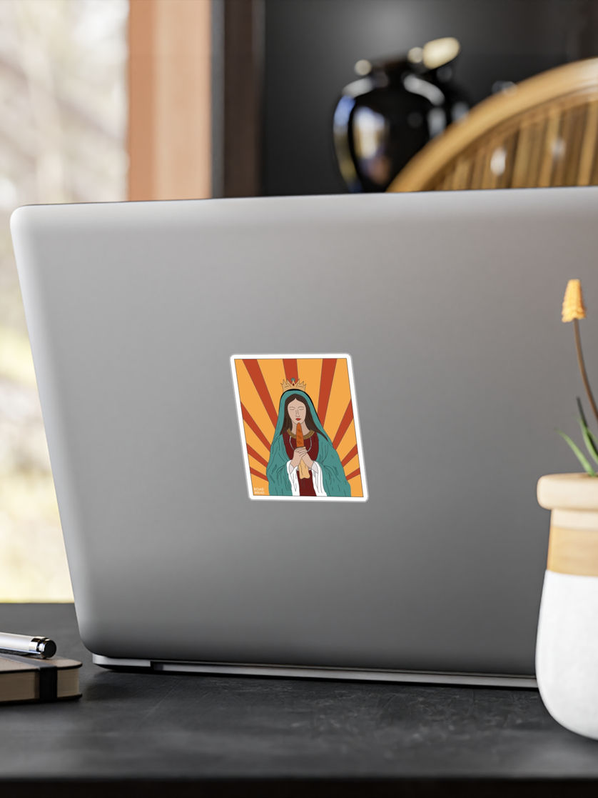 Laptop decorated with the funny Virgin Mary baguette sticker
