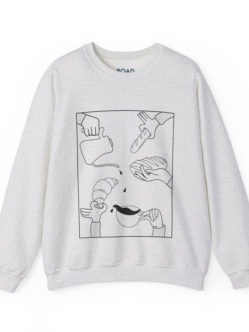 Front of crewneck sweatshirt featuring Bread Party six-panel comic illustration – graphic sweatshirt for food lovers