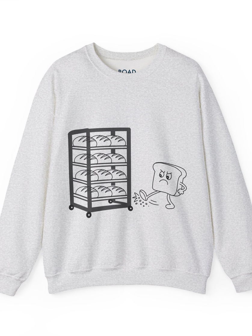 White Shreddy Baguetti Crewneck, cartoon bread character and bread rack on sweatshirt.