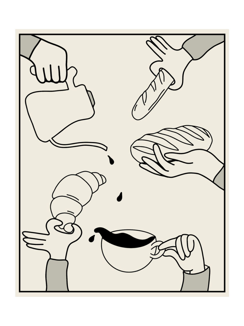 Hands pouring coffee and handling bread, croissant. Road Bread and a warm morning.